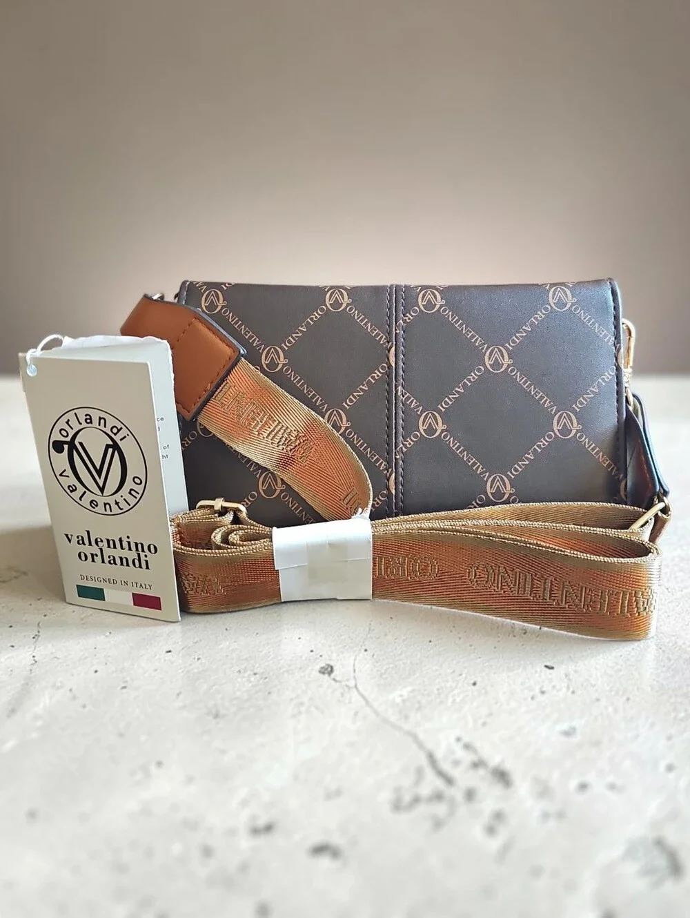 Valentino Orlandi  Nwt Brown Monogram Crossbody with Gold Hardware